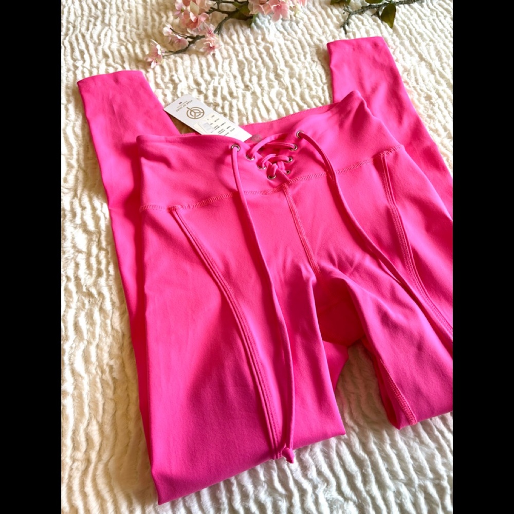 NWT S Year of Ours Hot Pink Lace Up Front Leggings Made in USA
